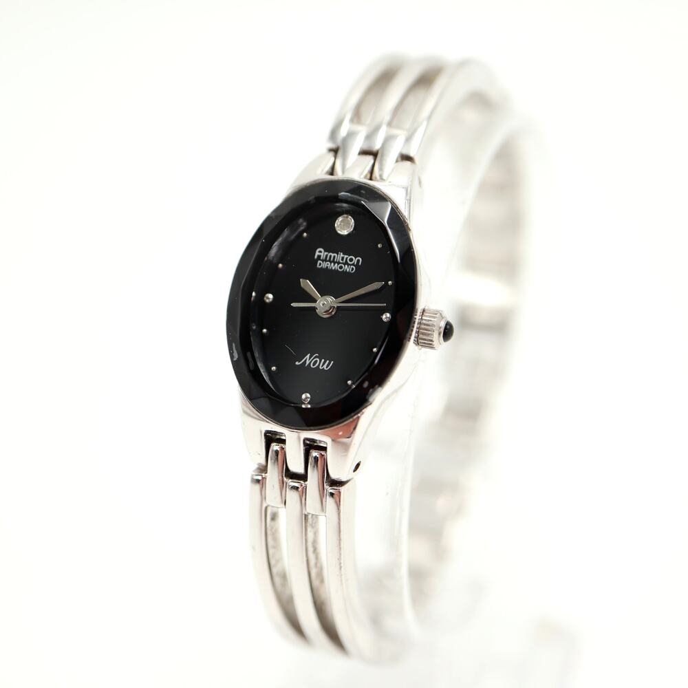 Armitron Diamond Now Silver Tone 17mm Black Oval Womens Watch w New Battery